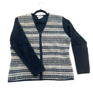 Eddie Bauer Women's 100% Wool Zip Cardigan Fair Isle Sweater XL Jacket Black